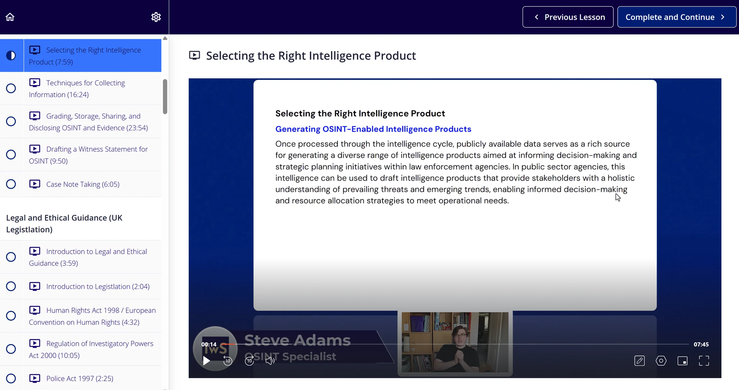 Intelligence with Steve course lesson on selecting the right intelligence product
